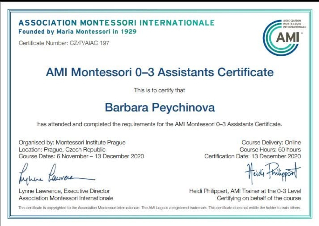 AMI Montessori 0–3 Assistants Certificate, Montessori Institute Prague